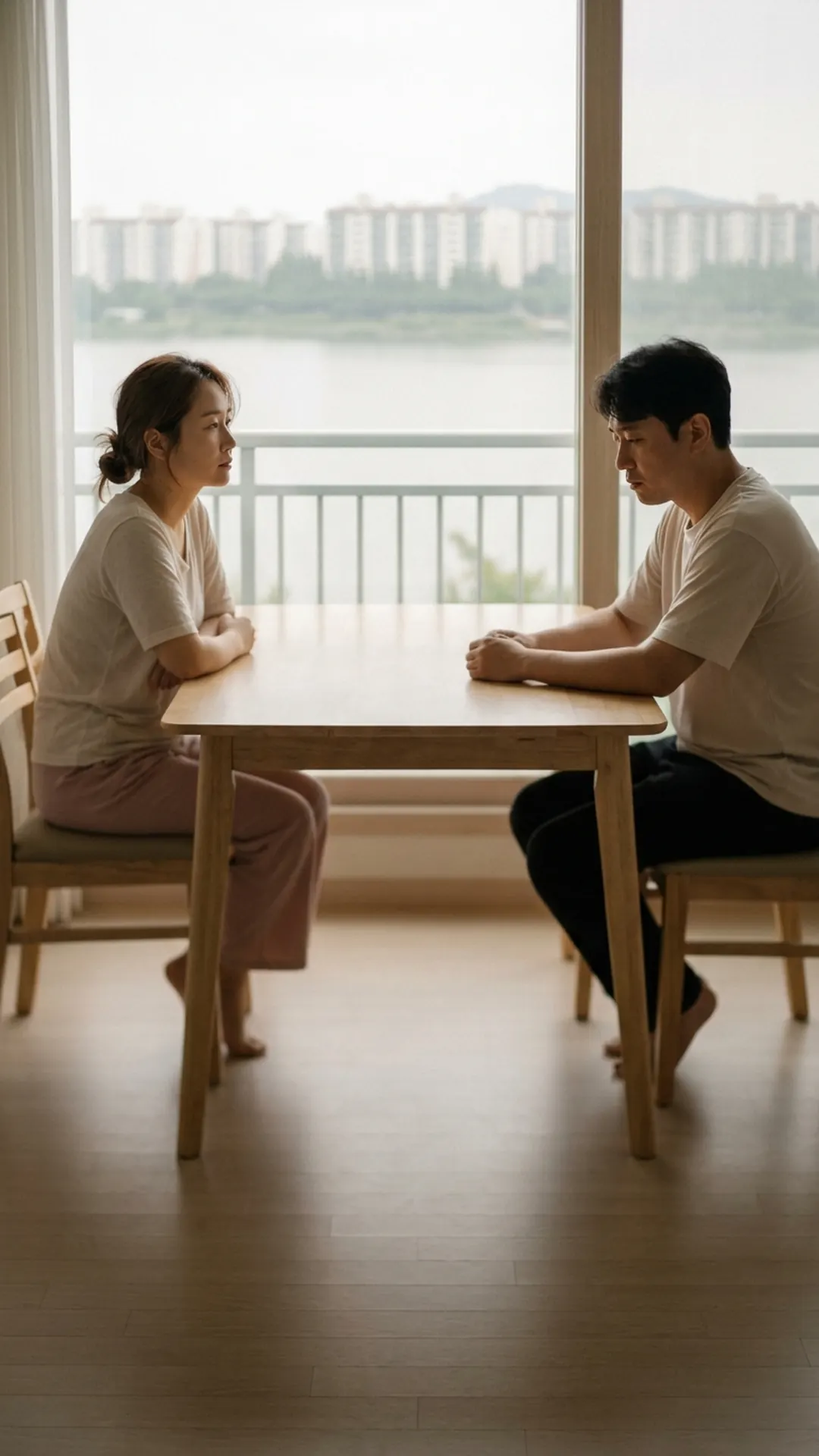 거실 식탁에 마주 앉아 이야기를 나누는 부부 — 연출 이미지