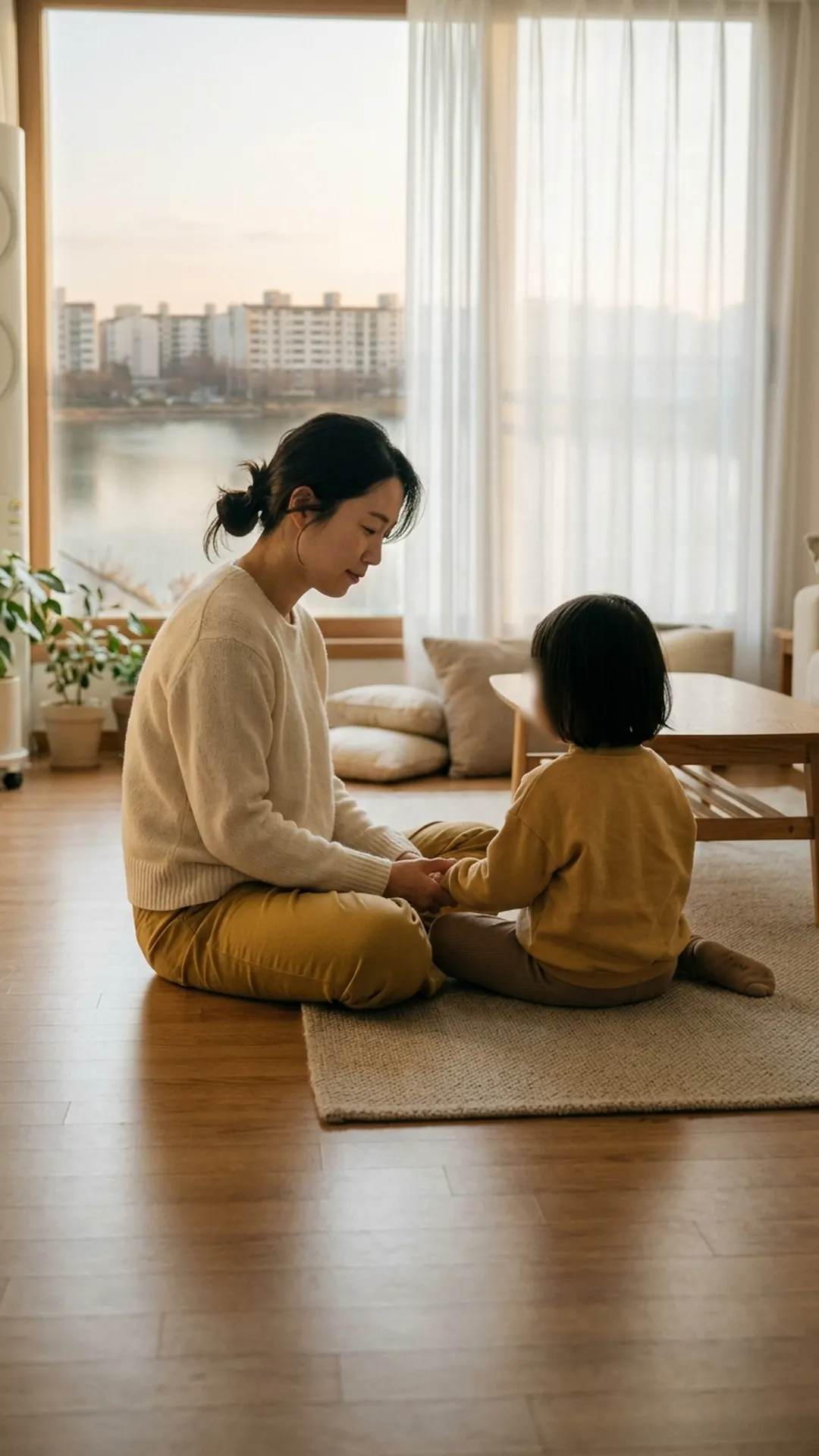 거실 바닥에서 아이와 마주 앉아 대화하는 부모 — 연출 이미지